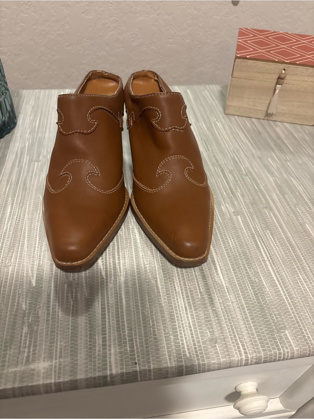 Men's Brown Leather Slip-On Mules - Classic Western Stitch